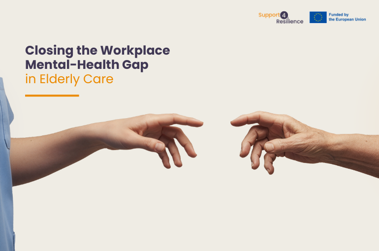 Close-up of two hands reaching towards each other, one younger (representing a caregiver) and one older (representing an elderly person), with a small space between them, set against a neutral background. This symbolizes the mental health support gap in elderly care.