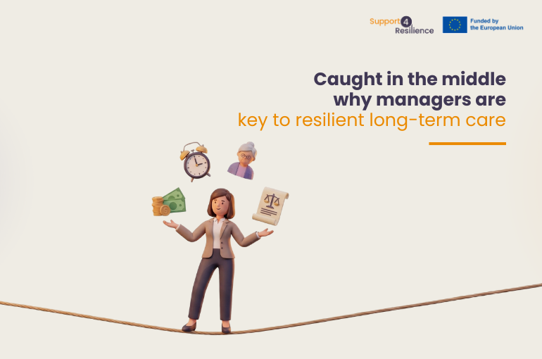 Metaphorical illustration of a long-term care manager on a tightrope, juggling staff budgets, policies, time constraints, and elderly patient needs.